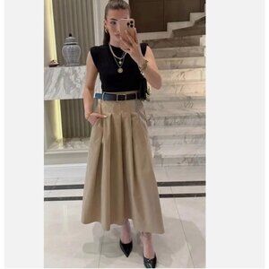 ZARA WOMAN SHOULDER PAD MIDI DRESS Belt COTTON SAND/BLACK 0387/052 NWT XS S M L